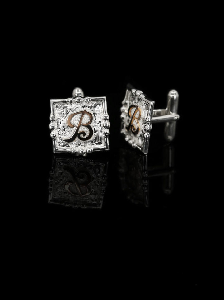 Brigh Silver Engraved Custom Cufflinks with Rose Gold Lettering