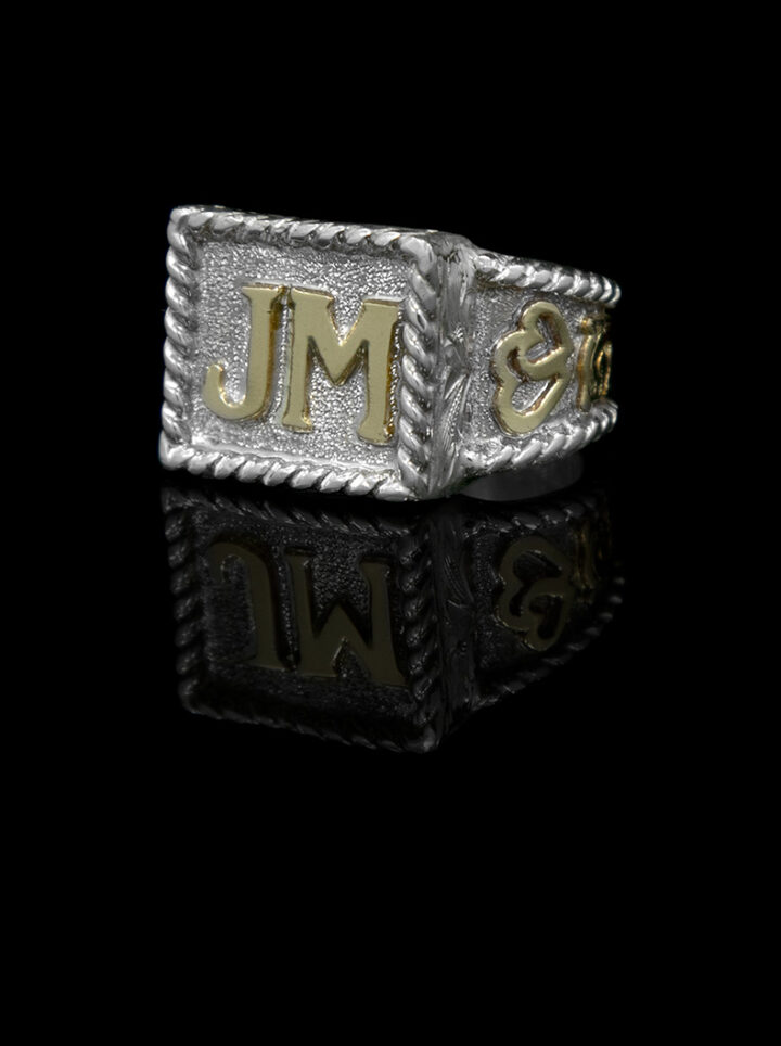 Custom Monogram Ring YG Scrolls with Silver Background