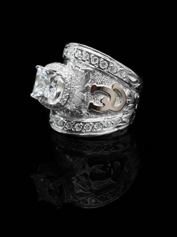 Silver Scrolls and Rose Gold Figure on Silver Background with Crystal Clear Accent Stones and Crystal Clear Square Stone and Halo Setting
