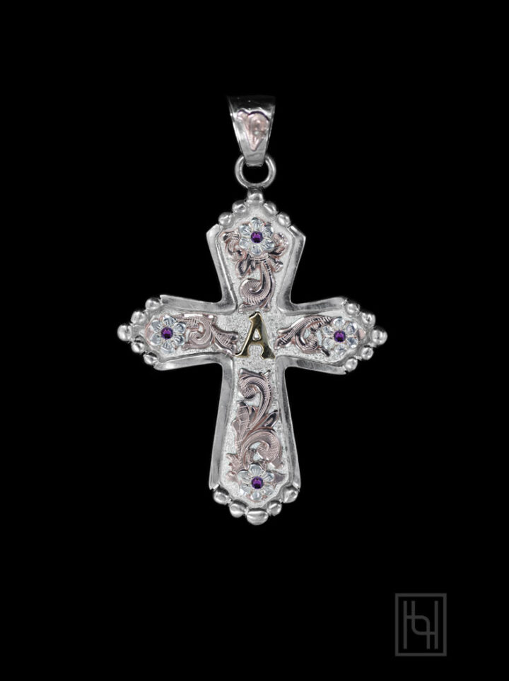 BSPNX011A-RG-Scrolls-and-SVR,-Silver-YG-Lettering,-Purple-Amethyst-stones