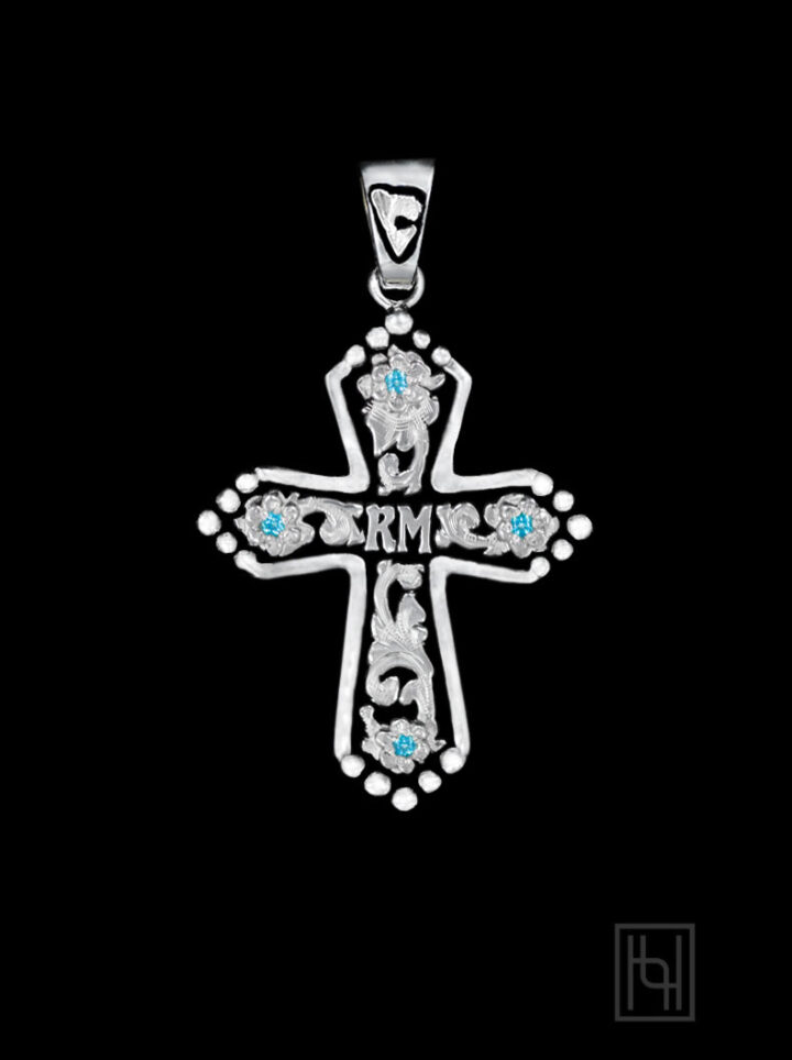 BSPNX011A-SVR-Scrolls-&-Black,-Silver-Lettering,-Blue-Topaz-Stones