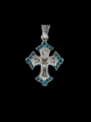 Custom Crystal Cross Pendant with Bright Silver Engraved Scrolls with Rose Gold Brand