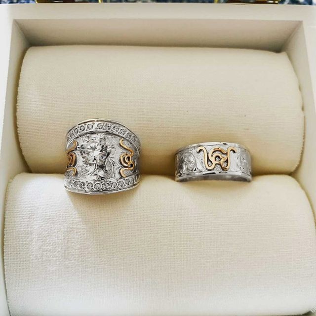 Bright Silver Engraved Scrolls with Yellow Gold Brand
