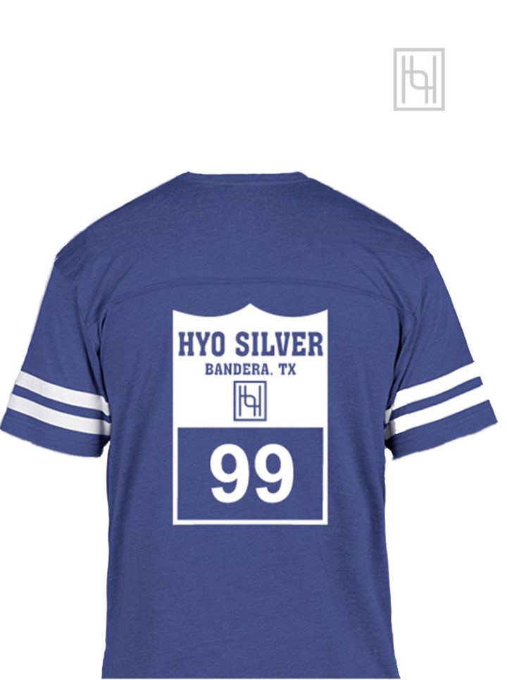 Hyo Silver Back Number Tee denim blue with white logo and stripes on sleeves - back number tag on back