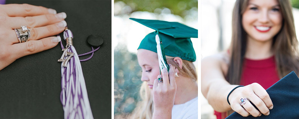 Graduation photo collage highlighting custom class rings