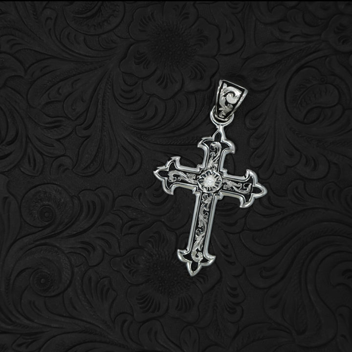 Silver Scrolls with Black Background Cross Pendant