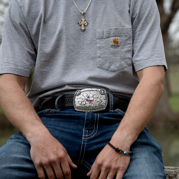 The Lone Star State Belt Buckle on a model