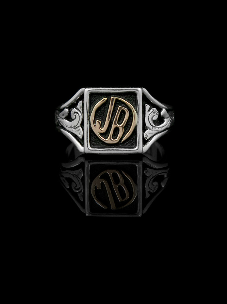 Custom Ranch Brand Ring Silver Scrolls w/ Black Background and Rose Gold Brand