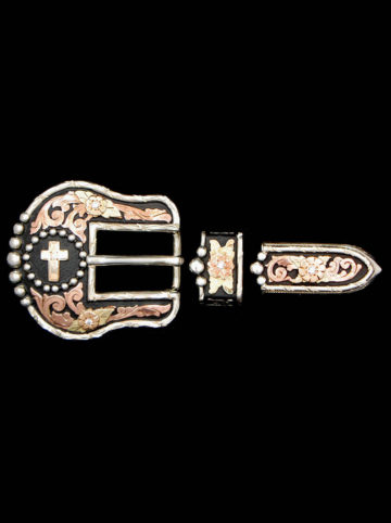 3 piece buckle set with black background, rose gold scrolls, yellow gold flowers, crystal clear cz and yellow gold cross