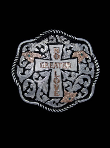 Custom buckle w/ rope and 1/2 round edge, black background, silver scrolls and cross, rose gold flowers