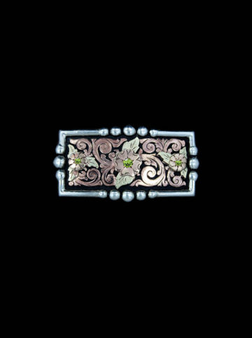 Rose Gold Scrolls with Black Background, Rose Gold Flowers & Peridot Green Accents Sale Belt Buckle