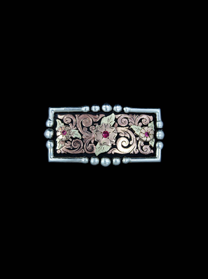 Rose Gold Scrolls with Black Background, Rose Gold Flowers & Ruby Red Accents Sale Belt Buckle