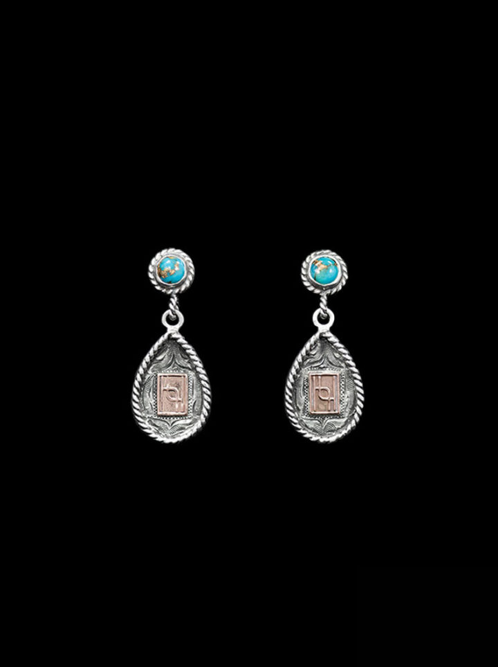 Custom RimRock™ Teardrop & Rope Earrings w/ vintage engraved scrolls and blue turquoise w/ copper matrix