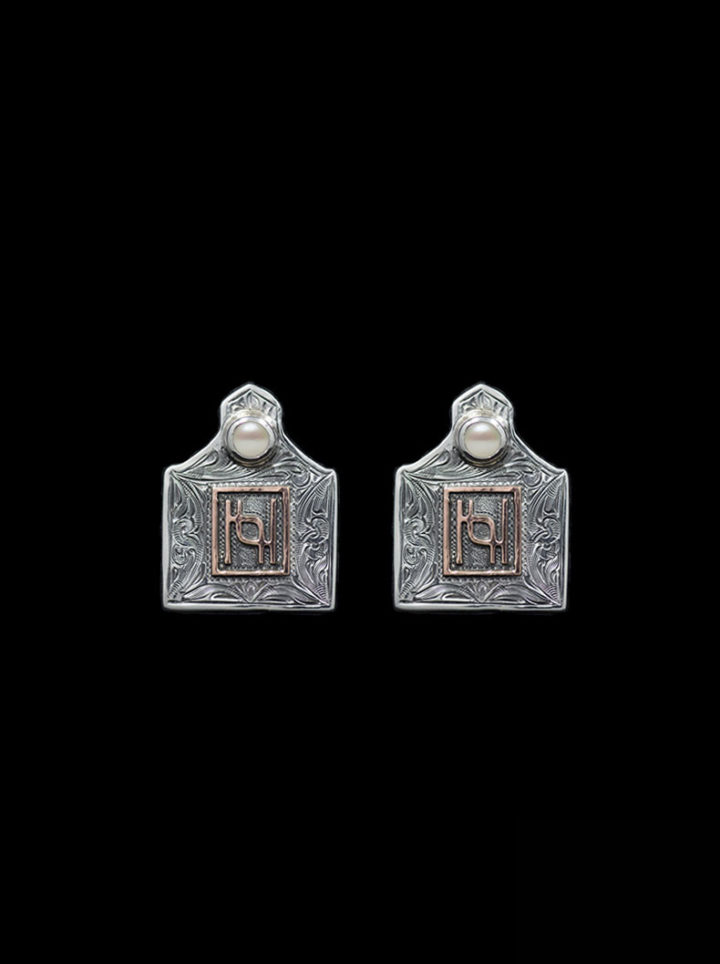 custom cowtag post earrings with vintage engraved scrolls and rose gold lettering