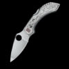 Drop point blade is made of high-carbon VG-10 steel for superior edge retention, custom knife w/ engraved scrolls