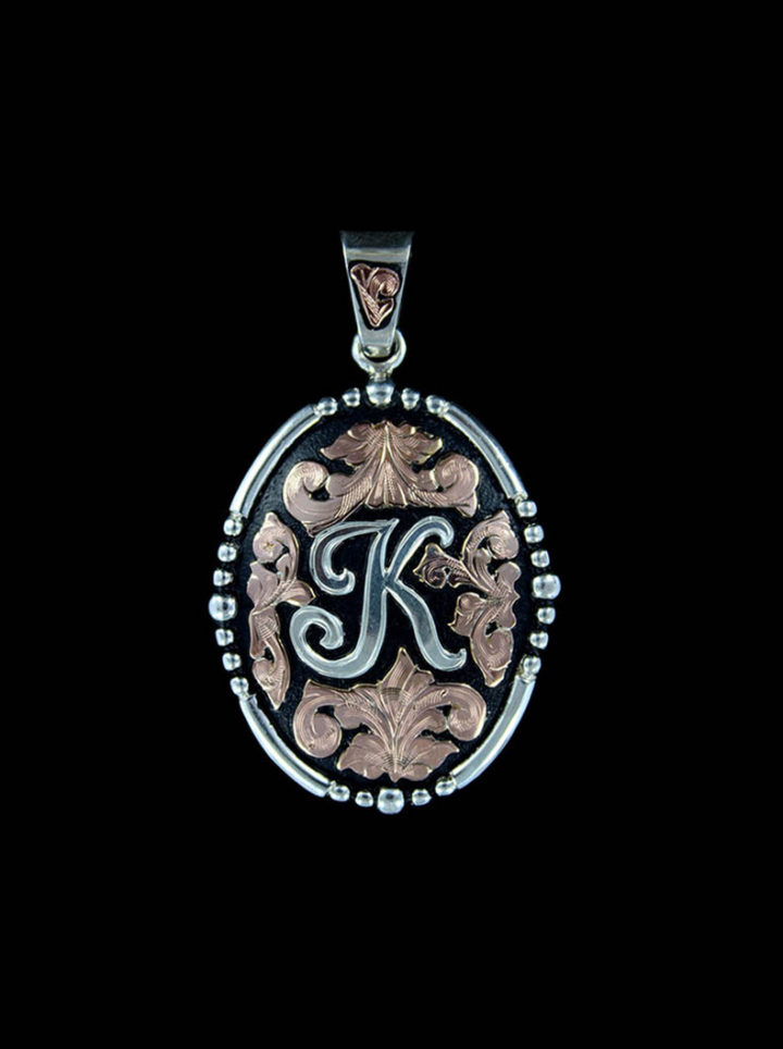 Rose Gold Scrolls with Black Background and Silver Lettering Custom Pendant