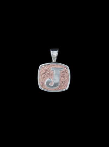 Custom Engraved Rose Gold & Silver Initial Pendant - Rose Gold engraved scrolls, silver lettering