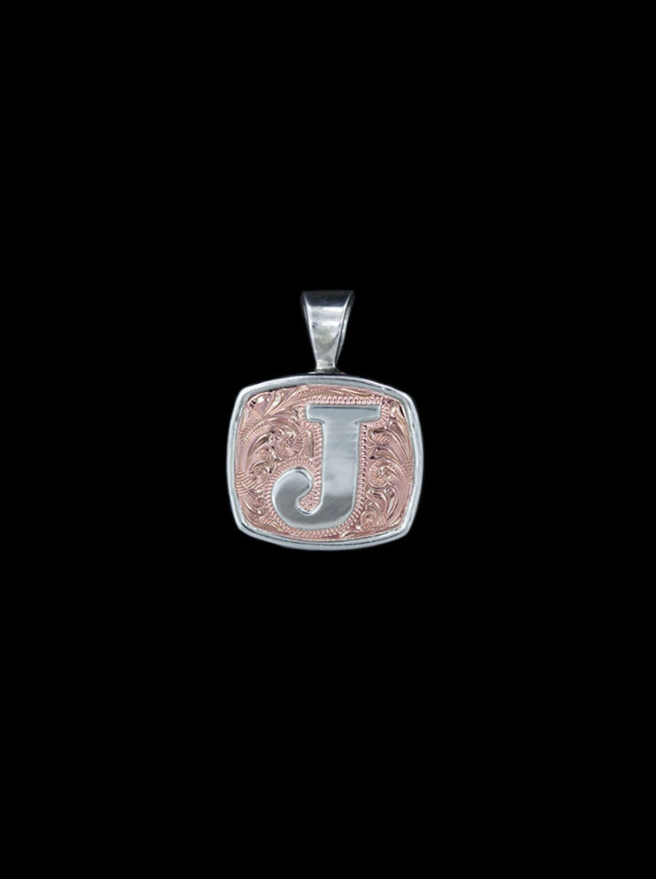 Custom Engraved Rose Gold & Silver Initial Pendant - Rose Gold engraved scrolls, silver lettering