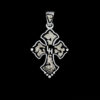 Sterling silver custom cross with budded arms, black background, yellow gold scrolls and lettering