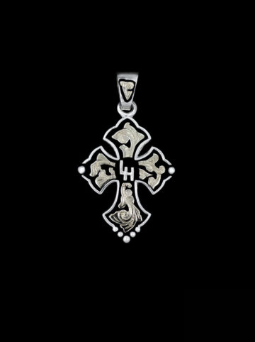 Sterling silver custom cross with budded arms, black background, yellow gold scrolls and lettering
