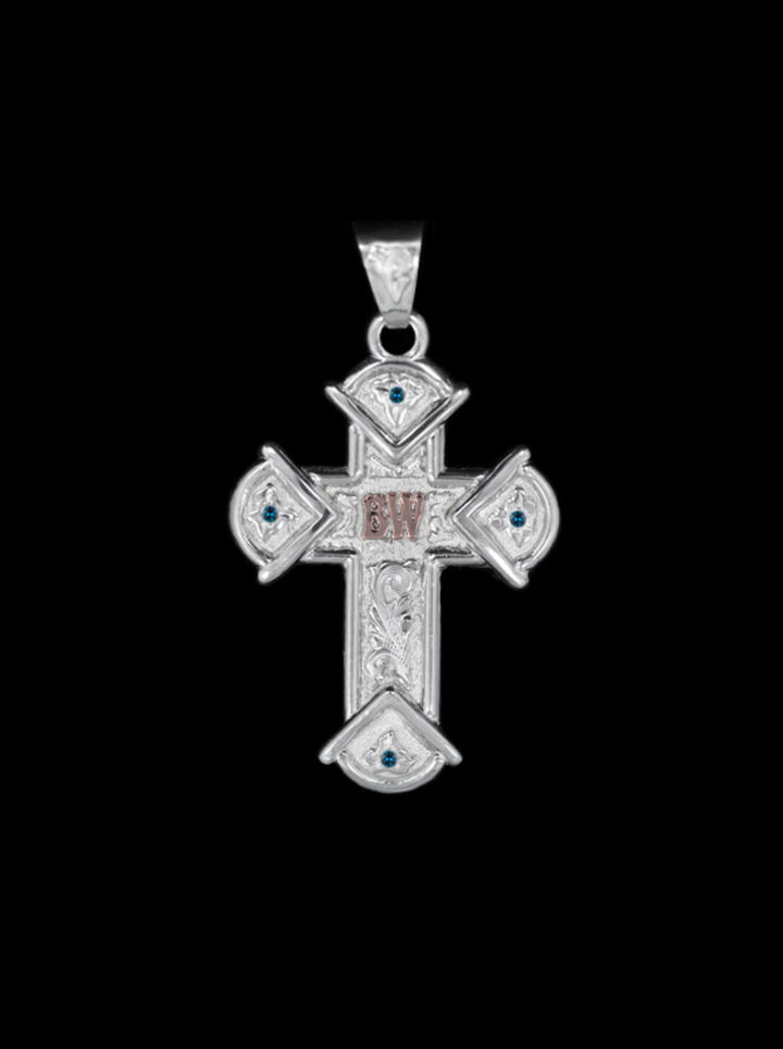 Silver Scrolls on Silver Background w/ Rose Gold Lettering & Blue Zircon Accents Custom Cross Pendant