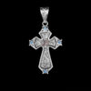 Custom Sparky Cross Pendant with Silver Scrolls and Oxidized background, rose gold lettering and blue zircon stones
