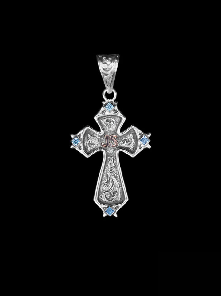 Custom Sparky Cross Pendant with Silver Scrolls and Oxidized background, rose gold lettering and blue zircon stones