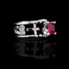 Custom ring w/ 1/2 round edge and beads, black background, rose gold cross and sm crystal clear stone and 7mm square ruby red cz