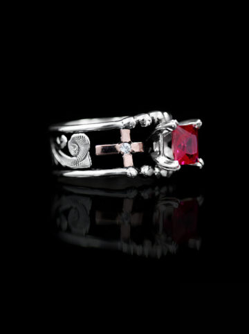 Custom ring w/ 1/2 round edge and beads, black background, rose gold cross and sm crystal clear stone and 7mm square ruby red cz
