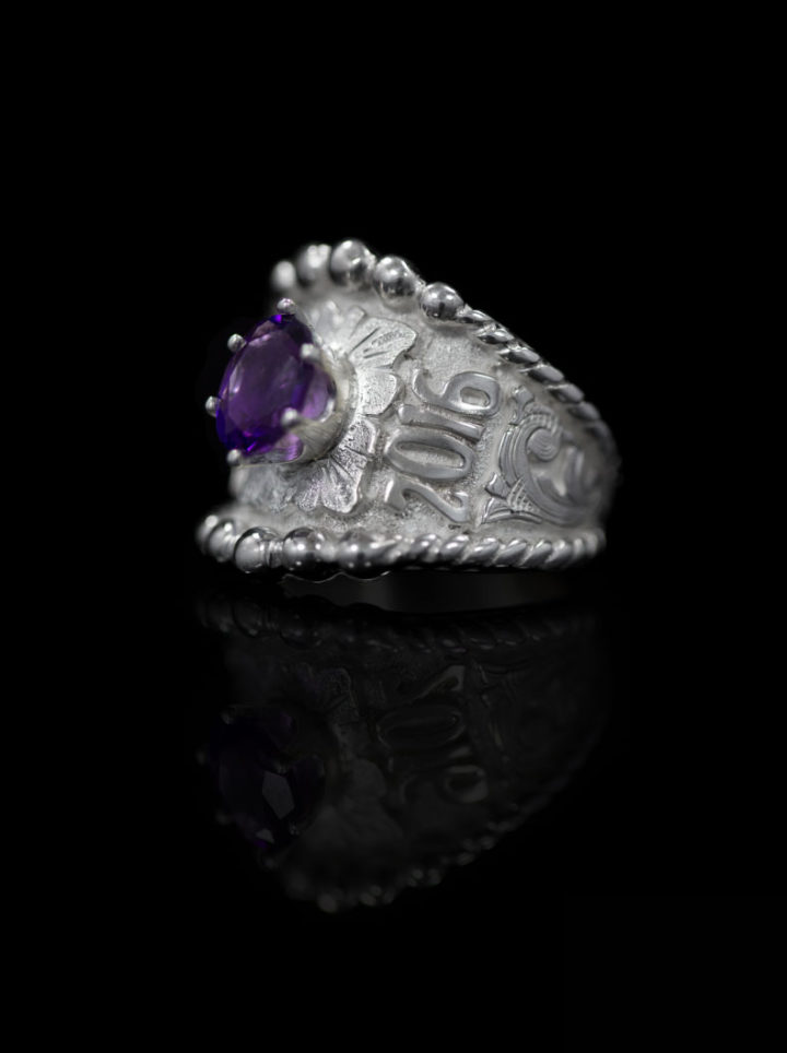 Custom ring w/ 1/2 round edge and beads, silver background & silver scrolls, oval 6x8 purple amethyst cz stone in setting