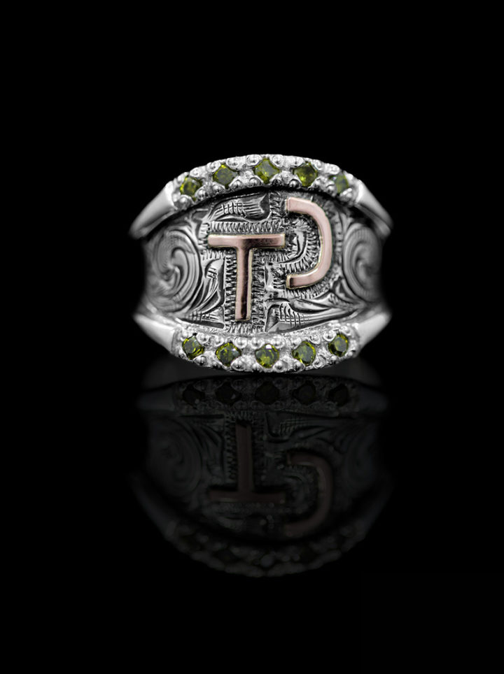 Vintage Engraved Scroll w/ Rose Gold Lettering & Peridot Green Accents Custom Ring