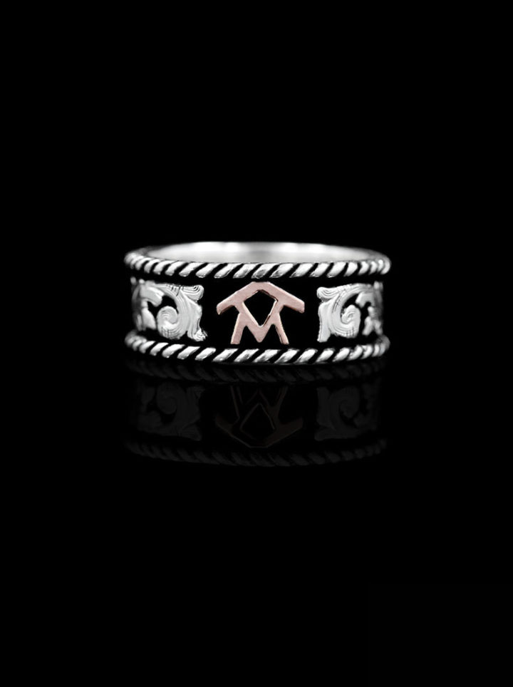 Silver Scrolls on Black Background w/ Rose Gold Brand and Rope Edge Custom Ring