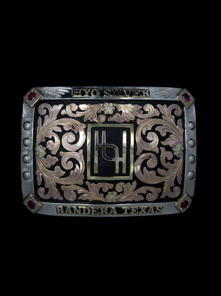 Custom Broadway Square Buckle - shown with Rose Gold Scrolls w/ Black background