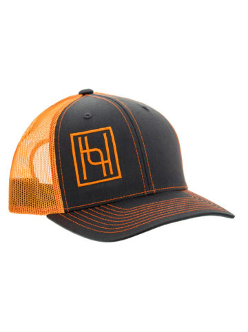 Hyo Silver logo trucker cap in charcoal gray and accents of neon orange