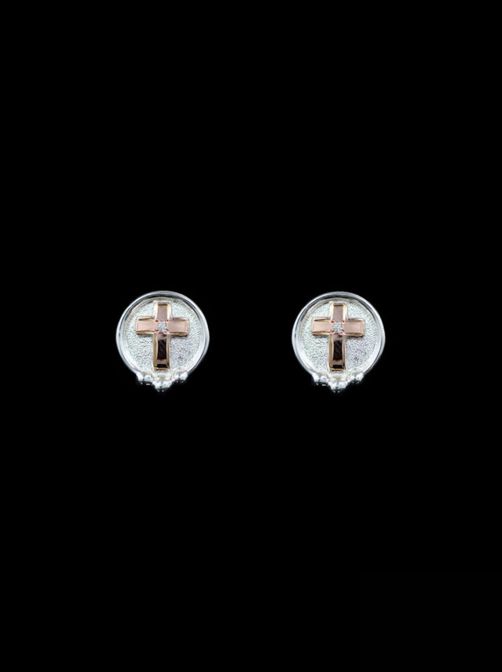 Rose Gold Cross with Silver Background with Crystal Clear Stones