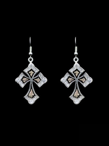 Yellow Gold Scrolls with Black Background with Crystal Clear Stones Cross Earrings