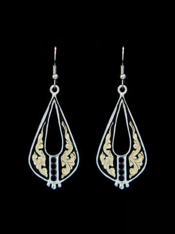 Silver earrings w/ black background and yellow gold fill overlay scrolls and blackest black cz stones