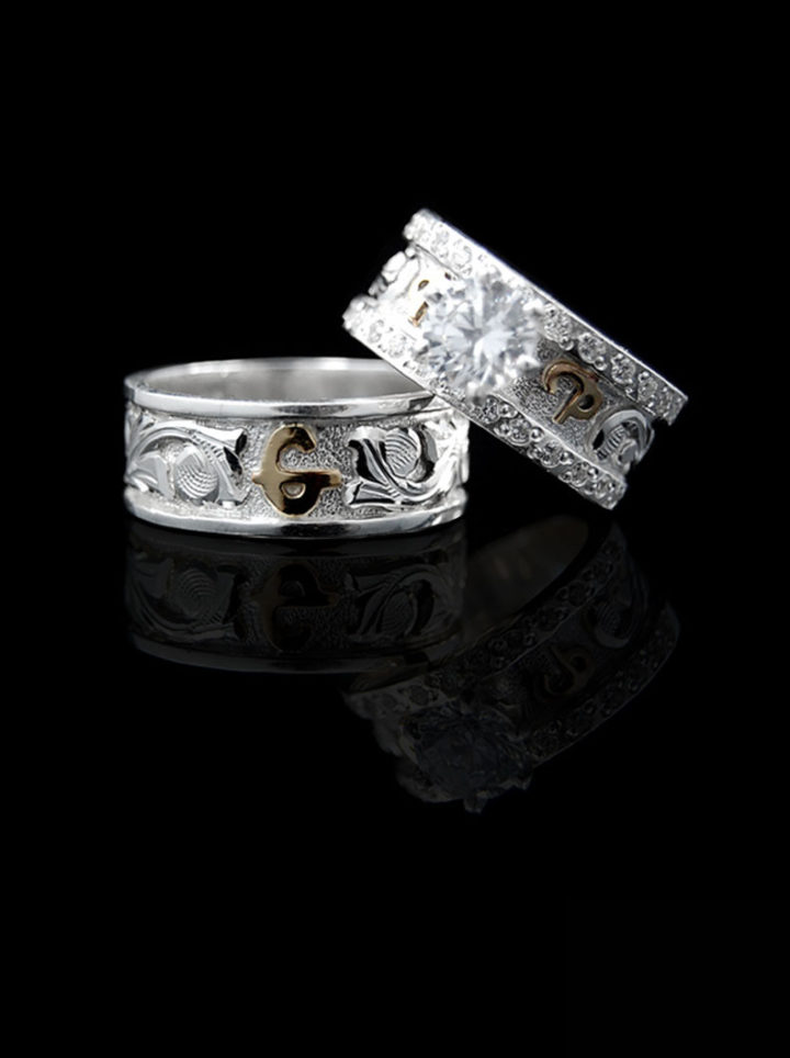 Silver Scrolls on Silver Background w/ Yellow Gold Brand, Crystal Clear Accents & Solitaire on Her Ring