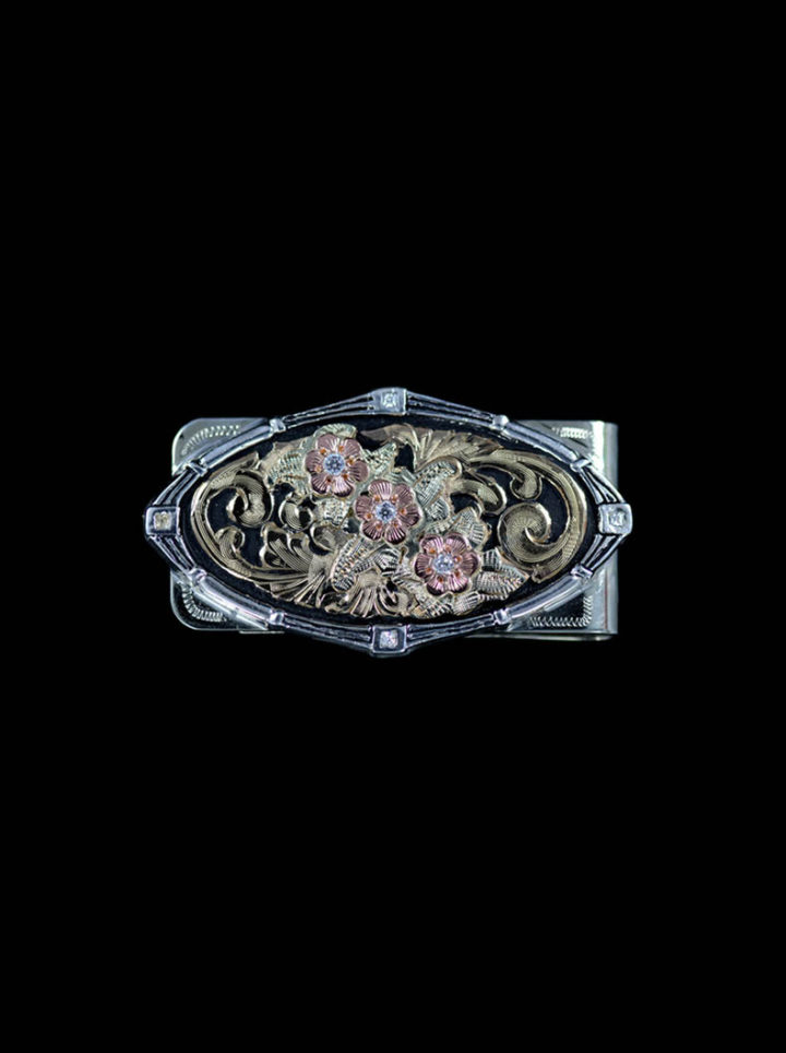Money Clip with black background, yellow gold scrolls, rose gold flower and yellow leaves and crystal clear cz stones