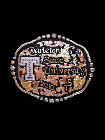 Rose Gold Scrolls on Black Background, Yellow Gold Lettering, Silver Tarleton T w/ Purple Amethyst Accents, Silver Deer/Duck Hunting Figure, Yellow Gold Flowers & Leaves w/ Purple Amethyst Accents, Beads in Edge