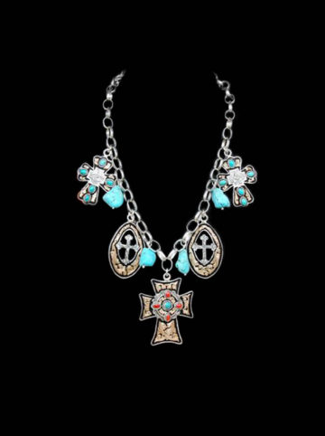Necklace w/ Multiple Cross Pendants & Turquoise Pieces Featuring Yellow Gold Scrolls on Black Background, Silver Engraved Scrolls