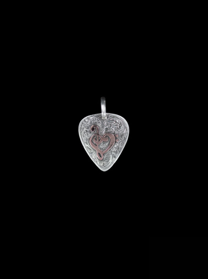 Love Note Guitar Pick Pendant - vintage engraved scrolls and rose gold musically inspired music note