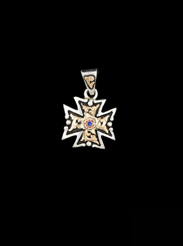 Small Maltese cross w/ Yellow gold scrolls fill blackground with rose gold flower and sapphire blue cz