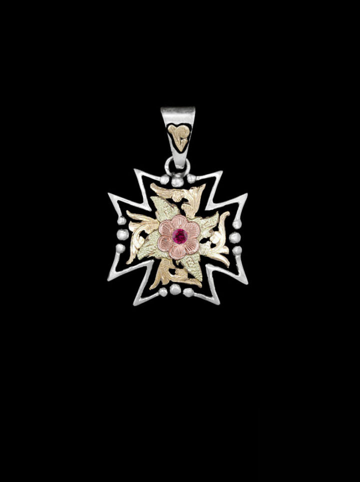 Medium maltese cross w/ Yellow gold scrolls fill blackground with rose gold flower and red ruby cz