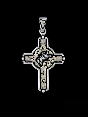Yellow Gold Scrolls, Rose Gold Flowers on Black Background w/ Silver Casted Figure & Crystal Clear Accents Cross Pendant
