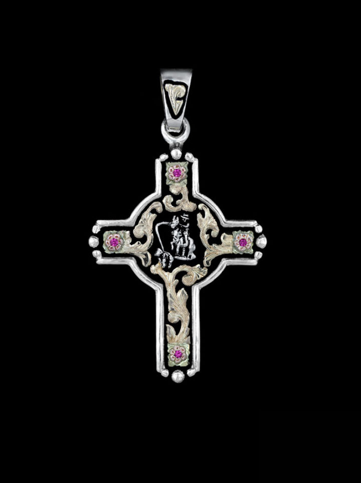 Yellow Gold Scrolls, Rose Gold Flowers on Black Background w/ Silver Casted Figure & Ruby Red Accents Cross Pendant