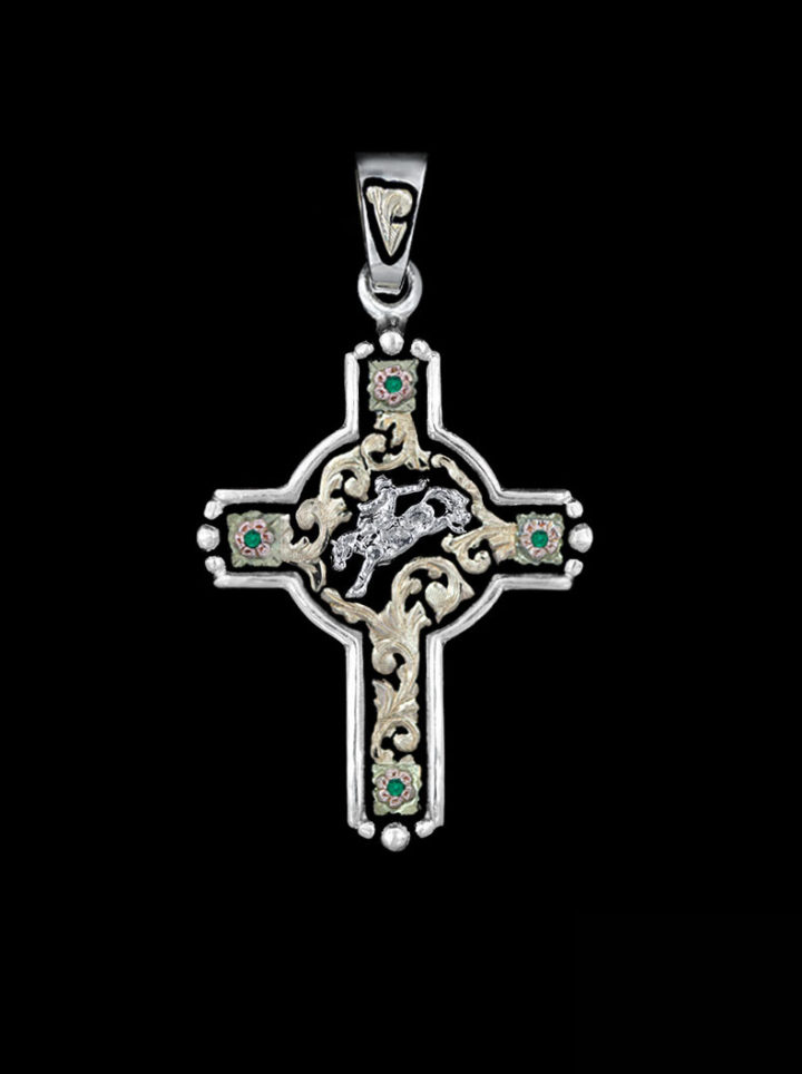 Yellow Gold Scrolls, Rose Gold Flowers on Black Background w/ Silver Casted Figure & Emerald Green Accents Cross Pendant