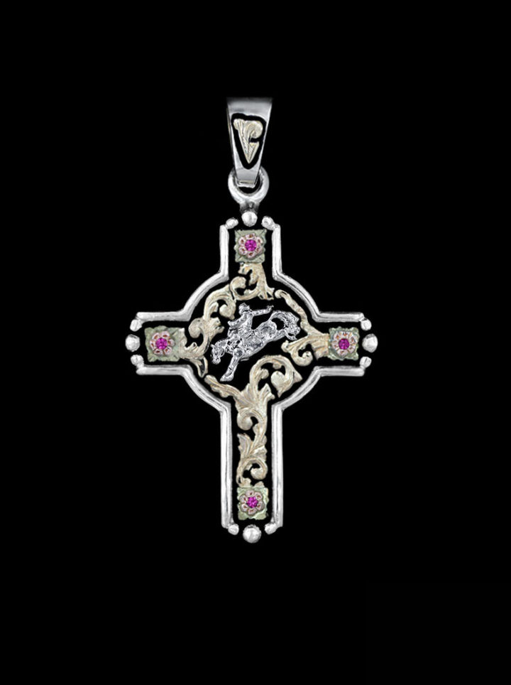Yellow Gold Scrolls, Rose Gold Flowers on Black Background w/ Silver Casted Figure & Ruby Red Accents Cross Pendant