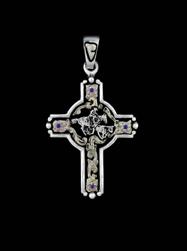 Yellow Gold Scrolls, Rose Gold Flowers on Black Background w/ Silver Casted Figure & Sapphire Blue Accents Cross Pendant
