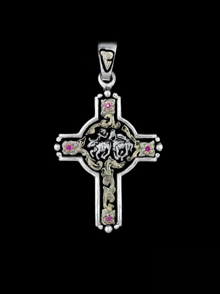 Yellow Gold Scrolls, Rose Gold Flowers on Black Background w/ Silver Casted Figure & Ruby Red Accents Cross Pendant